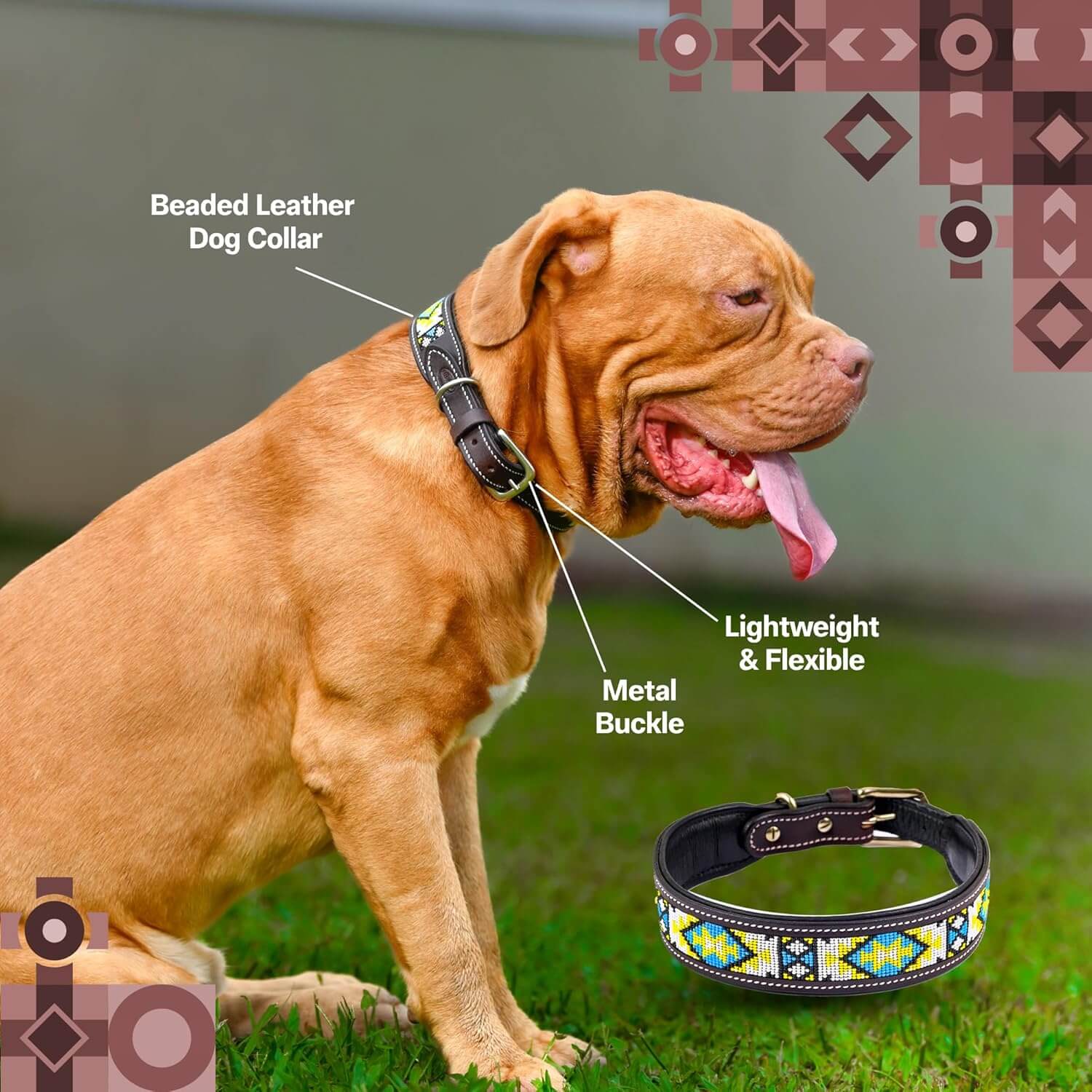 Adil’s Beaded Leather Dog Collar, Hand Tooled Adjustable with Strong Metal Buckle